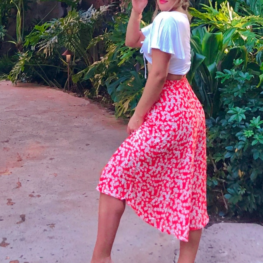TopShop Red Floral MIDI Skirt
